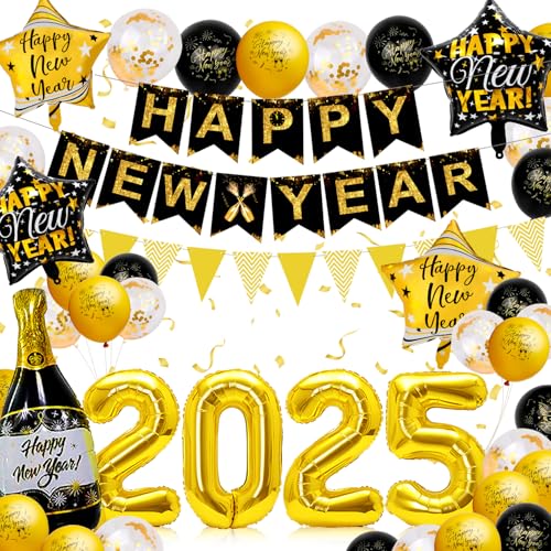 Gaeymy Silvester Deko 2025, Happy New Year Deko, Silvester Deko 2025 Party Set, Neujahr Deko Silvesterdeko mit Schwarz Gold Luftballon Folienballon, Accessoires für Silvester Party Gaeymy Silvester Deko 2025, Happy New Year Deko, Silvester Deko 2025 Party Set, Neujahr Deko Silvesterdeko mit Schwarz Gold Luftballon Folienballon, Accessoires für Silvester Party von Gaeymy