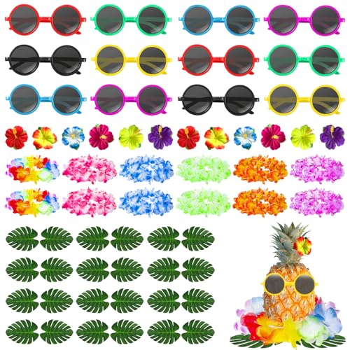 60 Stück hawaiianische Luau-Aloha-Party-Dekorationen, Ananas-Tischaufsätze, 12 hawaiianische Blumen-Armbänder, 12 Sonnenbrillen, 12 Hibiskus-Syriakus, 24 tropische Blätter für Sommerpartys 60 Stück hawaiianische Luau-Aloha-Party-Dekorationen, Ananas-Tischaufsätze, 12 hawaiianische Blumen-Armbänder, 12 Sonnenbrillen, 12 Hibiskus-Syriakus, 24 tropische Blätter für Sommerpartys von Gaiaring