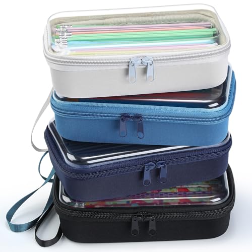 Gaillty 4 Stück transparente Hartplastik-Reißverschlusstaschen, Federmäppchen, Hartschalenetui, große transparente Stiftebox, tragbarer Reise-Organizer für Bürokosmetik (Grau, Dunkelblau, Blau von Gaillty