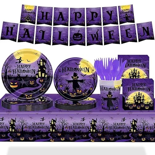 194 Stück Halloween-Party-Dekorationen, Happy Halloween-Partyzubehör mit Banner, Tischdecke, Teller, Becher, Einweggeschirr-Set für Erwachsene oder Kinder, 24 Stück 194 Stück Halloween-Party-Dekorationen, Happy Halloween-Partyzubehör mit Banner, Tischdecke, Teller, Becher, Einweggeschirr-Set für Erwachsene oder Kinder, 24 Stück von GalaHub