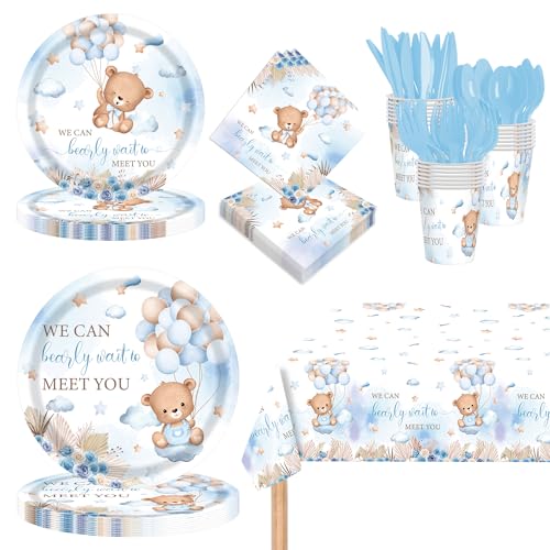 GalaHub Bear Babyparty-Dekorationen für Jungen – 193 Stück We Can Bearly Wait Partyzubehör für 24 Gäste, inklusive Teller, Servietten, Besteck, Tischdecke – Blauer Bär Thema Babyparty Dekor GalaHub Bear Babyparty-Dekorationen für Jungen – 193 Stück We Can Bearly Wait Partyzubehör für 24 Gäste, inklusive Teller, Servietten, Besteck, Tischdecke – Blauer Bär Thema Babyparty Dekor von GalaHub