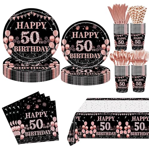 GalaHub Partyzubehör zum 50. Geburtstag für 24 Gäste, Roségold, Einweggeschirr-Set mit Tellern, Tischdecke, Servietten, Bechern, 50. Geburtstag Dekorationen für Frauen, 193 Stück GalaHub Partyzubehör zum 50. Geburtstag für 24 Gäste, Roségold, Einweggeschirr-Set mit Tellern, Tischdecke, Servietten, Bechern, 50. Geburtstag Dekorationen für Frauen, 193 Stück von GalaHub