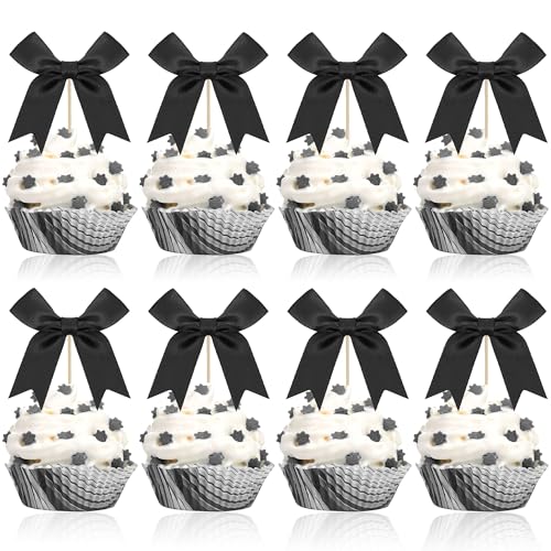 24 Stück schwarze Schleifen-Geburtstagsdekorationen, Cupcake-Topper, elegante Schleifen-Cupcake-Picks für Mädchen oder Frauen, schwarzes Motto-Partyzubehör 24 Stück schwarze Schleifen-Geburtstagsdekorationen, Cupcake-Topper, elegante Schleifen-Cupcake-Picks für Mädchen oder Frauen, schwarzes Motto-Partyzubehör von GalaVee