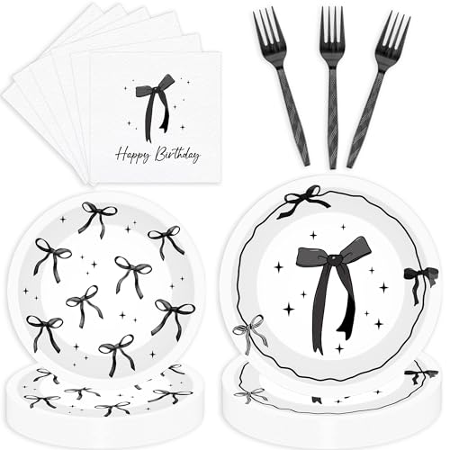 96-teiliges Geschirr-Set mit Schleife, Motiv: schwarze Schleife, für 24 Gäste, mit Tellern, Servietten, Gabeln, für Mädchen und Frauen, Geburtstagsparty-Zubehör 96-teiliges Geschirr-Set mit Schleife, Motiv: schwarze Schleife, für 24 Gäste, mit Tellern, Servietten, Gabeln, für Mädchen und Frauen, Geburtstagsparty-Zubehör von GalaVee