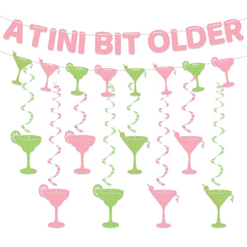 A Tini Bit Older Martini Party Dekorationen, Tiny Bit Older Fun Pink & Green Birthday Banner für Frauen mit hängenden Wirbeln Cocktail Motto Party Decor Supplies A Tini Bit Older Martini Party Dekorationen, Tiny Bit Older Fun Pink & Green Birthday Banner für Frauen mit hängenden Wirbeln Cocktail Motto Party Decor Supplies von GalaVee