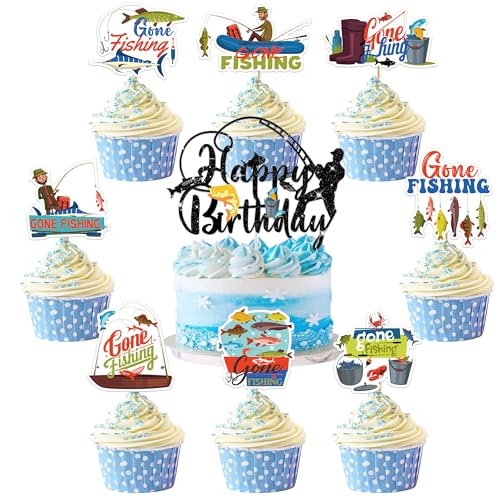 Angelkuchendekorationen für Männer, Gone Fishing Cake Topper und 24 Cupcake-Topper, Outdoor-Angelthemen-Geburtstagsparty-Zubehör (25 Stück) von GalaVee
