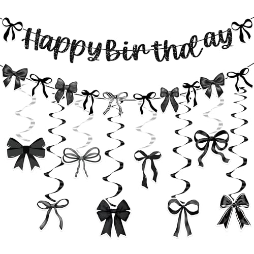 Bogen Geburtstag Dekorationen Set, Schwarz Schleife Themed 2 Banner & 8 Hängende Wirbel, Geburtstagsfeier Party Supplies für Mädchen Frauen Bogen Geburtstag Dekorationen Set, Schwarz Schleife Themed 2 Banner & 8 Hängende Wirbel, Geburtstagsfeier Party Supplies für Mädchen Frauen von GalaVee
