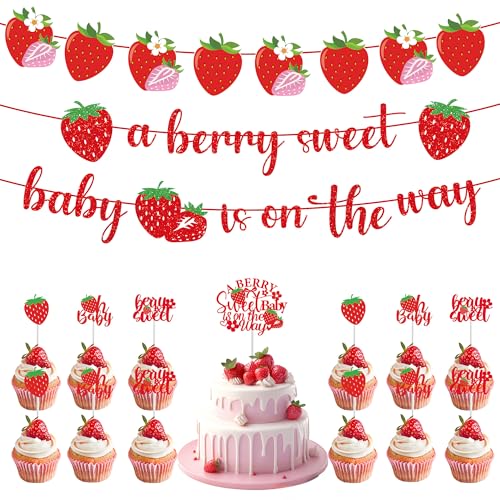 Erdbeer-Babyparty-Dekorationen für Mädchen, "A Berry Sweet Baby is on the Way" Banner mit Kuchen- und Cupcake-Aufsätzen, Partyzubehör mit Erdbeermotiv Erdbeer-Babyparty-Dekorationen für Mädchen, "A Berry Sweet Baby is on the Way" Banner mit Kuchen- und Cupcake-Aufsätzen, Partyzubehör mit Erdbeermotiv von GalaVee
