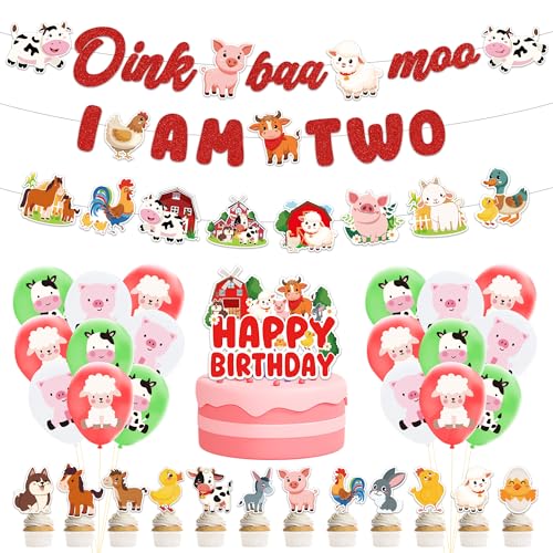 Party-Dekoration für 2. Geburtstag, Bauernhoftiere, inklusive 3 Banner, 20 Luftballons, 13 Kuchenaufsätze, Oink Baa Moo I Am Two Partyzubehör, Dekoration für Jungen und Mädchen Party-Dekoration für 2. Geburtstag, Bauernhoftiere, inklusive 3 Banner, 20 Luftballons, 13 Kuchenaufsätze, Oink Baa Moo I Am Two Partyzubehör, Dekoration für Jungen und Mädchen von GalaVee