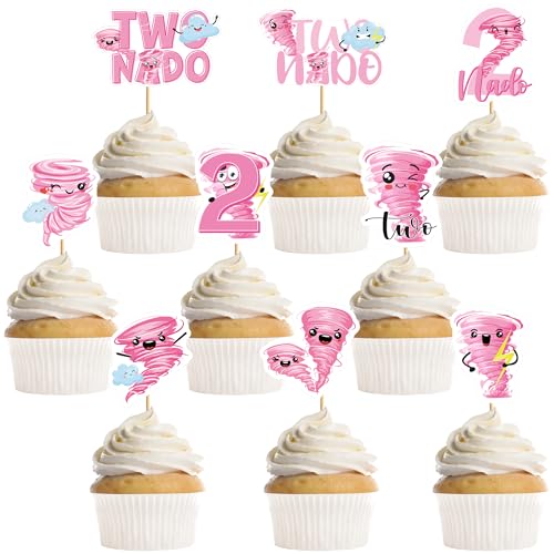 Tornado-Cupcake-Topper zum 2. Geburtstag, niedliches Party-Zubehör für Mädchengeburtstagsfeier (9 Designs), 36 Stück von GalaVee