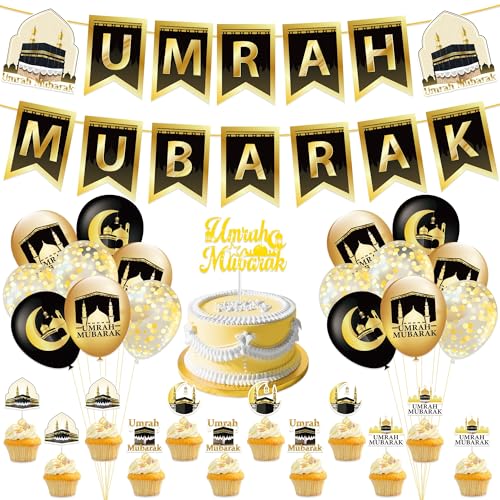 Umrah Mubarak Party Dekorationen, 2 Umrah Mubarak Banner & Cake Topper & 16 Luftballons & 12 Cupcake Topper für islamische Partybedarf, Gold & Schwarz Muslimische Events Decor Umrah Mubarak Party Dekorationen, 2 Umrah Mubarak Banner & Cake Topper & 16 Luftballons & 12 Cupcake Topper für islamische Partybedarf, Gold & Schwarz Muslimische Events Decor von GalaVee