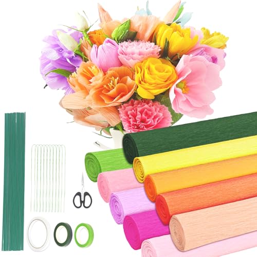 10 Farben Krepppapier Bunt, 25 * 250cm Bunt Bänder Crepe Paper, Floristenkrepp Krepp mit Blumendraht Floristenband, Krepppapier Pastell Bunte DIY Blumenpapier-Handwerk Deko für Geburtstag Hochzeit von Galerie SV
