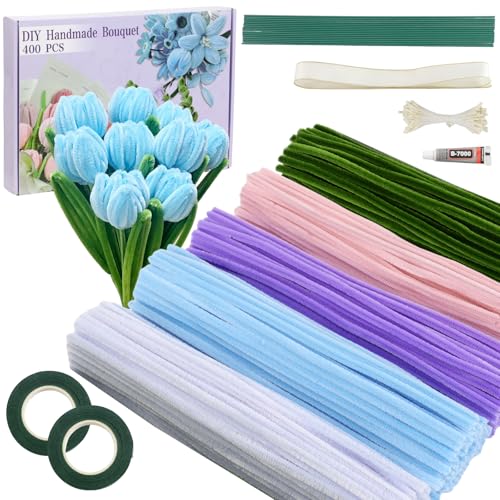Galerie SV Pfeifenputzer zum Basteln Set, 400 Stück Pfeifenreiniger 5 Farben Blumenstrauß Pfeifenreiniger Blumen mit Geschenkband, Klebeband, Perlenaufnäher, Staubblätter für DIY Geschenke und von Galerie SV