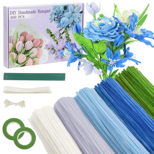 Galerie SV Pfeifenputzer zum Basteln Set, 400 Stück Pfeifenreiniger 5 Farben Blumenstrauß Pfeifenreiniger Blumen mit Geschenkband,Klebeband,Staubblätter für DIY Geschenke und Dekorieren ((Dunkelblau) von Galerie SV