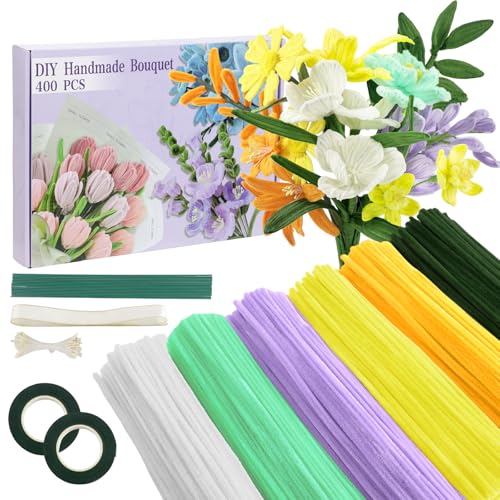 Galerie SV Pfeifenputzer zum Basteln Set, 400 Stück Pfeifenreiniger 6 Farben Blumenstrauß Pfeifenreiniger Blumen mit Geschenkband, Klebeband, Staubblätter für DIY Geschenke und Dekorieren von Galerie SV