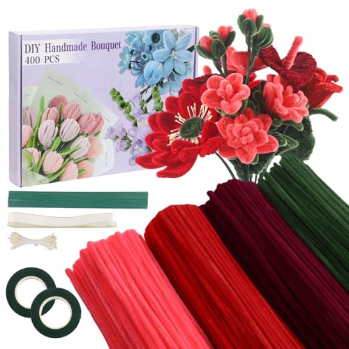 Galerie SV Rot Pfeifenputzer zum Basteln Set, 400 Stück Pfeifenreiniger4 Farben Blumenstrauß Pfeifenreiniger Blumen mit Geschenkband, Klebeband, Staubblätter für DIY Geschenke und Dekorieren (Rose) von Galerie SV
