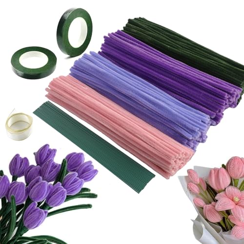 Galerie SV Tulpe Blumenstrauß Pfeifenreiniger Set, 400 Stück Pfeifenputzer zum Basteln Pfeifenreiniger Blumen Pfeifenreiniger zum Basteln mit 20 Stück Grün Basteldraht, Geschenkband, Blumenband von Galerie SV