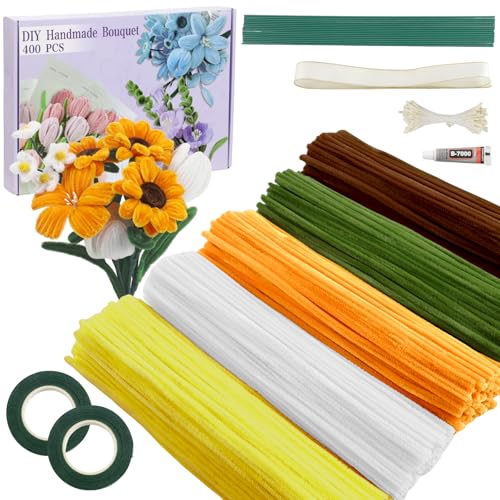 Sonnenblumen Pfeifenputzer zum Basteln Set, 400 Stück Pfeifenreiniger 5 Farben Blumenstrauß Pfeifenreiniger Blumen mit Geschenkband, Klebeband, Staubblätter für DIY Geschenke und Dekorieren (Brown) von Galerie SV