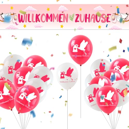 Galerie SV Willkommen, 300x50cm Willkommen Zuhause Baby Welcome Home Baby Mädchen Deko Rosa Willkommen Zuhause Deko mit 18 Stück Luftballo von Galerie SV