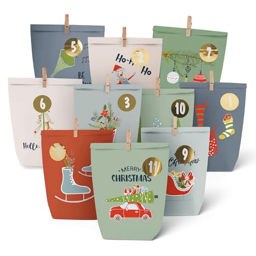 Adventskalender Tüten zum Befüllen, Papiertüten zum Selber Basteln, DIY Advents Kraftpapiertüten Selbstbefüllen zum selbst füllen, 24 Bedruckte Geschenktüten für Kinder (Winter bunt1) von Gallop Chic