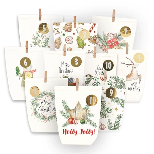 Adventskalender Tüten zum Befüllen, Weihnachtskalender Papiertüten, DIY Advents Kraftpapiertüten Selbstbefüllen zum selbst füllen, 24 Bedruckte Geschenktüten für Kinder (Winter bunt2) von Gallop Chic