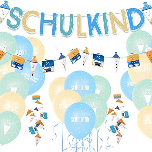 Einschulung Deko Set für Junge, Schulkind Girlande + Schultüte und Schulranzen Banner + Schuleinführung Schulanfang Luftballon + Zuckertüten Konfetti von Gallop Chic