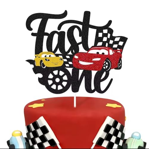 Fast One Tortenaufsatz – Rennwagen-Thema 1. Geburtstag Kuchendekoration – Glitzer-Finish mit roten & gelben Autos – Jungen-Erster Geburtstag Party Supplies von Gameometry