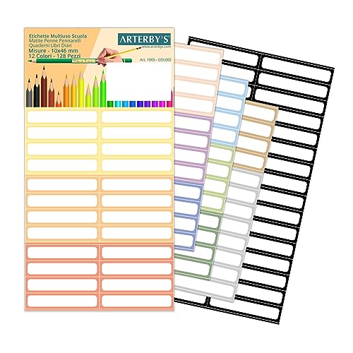 Arterby's® – 128 Klebeetiketten, Bleistifte, Stifte, Marker – 10 x 46 mm – 12 Farben – wasserfestes Vinyl, farbig, Kinder, Schule, Kindergarten, Namen, Bücher, Notizbücher (COL001) von GamesMonkey
