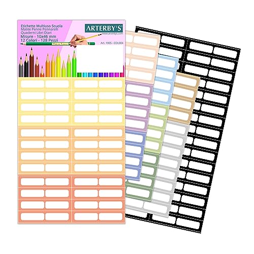 Arterby's® – 128 Klebeetiketten, Bleistifte, Stifte, Marker – 10 x 46 mm – 12 Farben – wasserfestes Vinyl, farbig, Kinder, Schule, Kindergarten, Namen, Bücher, Notizbücher (COL004) von GamesMonkey