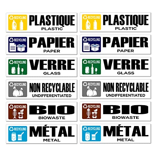 GamesMonkey® - Aufkleber für Differenzsammlung, recycelbar, Müllabfälle - FR - v1 - Wasserdicht illustriert - Französisch und Englisch - Vinyl glänzend DH (15 x 4 cm, 12 Stück) von GamesMonkey