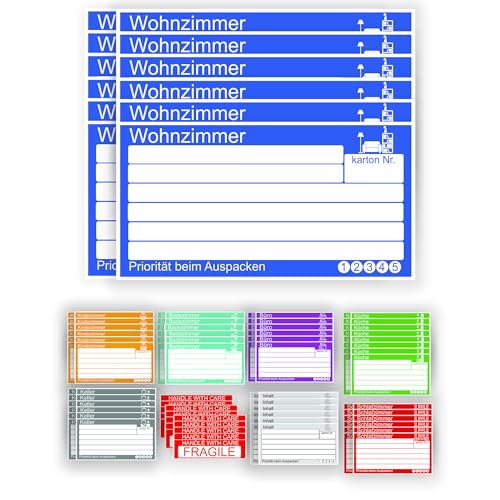GamesMonkey® - Aufkleber für Umzugskartons - 15x8 cm - Set mit 25, 50 und 100 Stück inklusive gratis "Fragile" Etiketten - Langlebig und Beschreibbar (Col 001 - DE, 100 Stk + 15 Gratis) von GamesMonkey