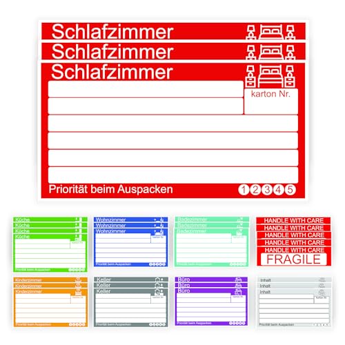 GamesMonkey® - Aufkleber für Umzugskartons - 15x8 cm - Set mit 25, 50 und 100 Stück inklusive gratis "Fragile" Etiketten - Langlebig und Beschreibbar (Col 001 - DE, 25 Stk + 5 Gratis) von GamesMonkey