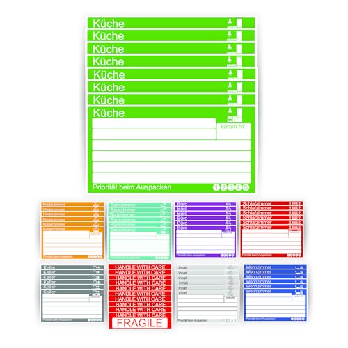 GamesMonkey® - Aufkleber für Umzugskartons - 15x8 cm - Set mit 25, 50 und 100 Stück inklusive gratis "Fragile" Etiketten - Langlebig und Beschreibbar (Col 001 - DE, 50 Stk + 10 Gratis) von GamesMonkey