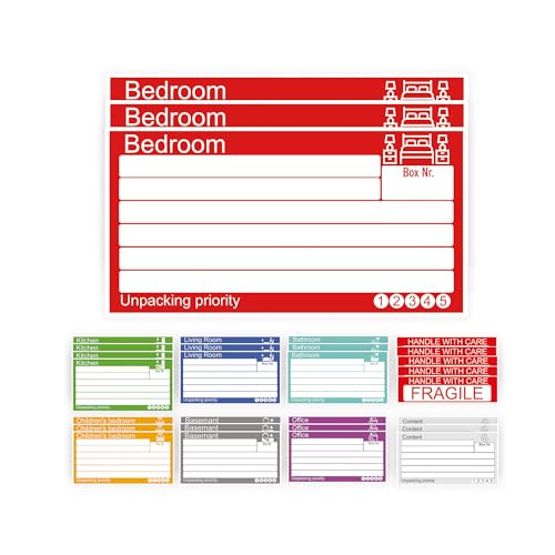 GamesMonkey® - Aufkleber für Umzugskartons - 15x8 cm - Set mit 25, 50 und 100 Stück inklusive gratis "Fragile" Etiketten - Langlebig und Beschreibbar (Col 001 - EN, 25 Stk + 5 Gratis) von GamesMonkey