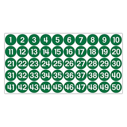 GamesMonkey® - Etiketten Nummern Aufkleber Kreise - Grün - von 1 bis 50 - (50-500 - 2500 Stück) (10-25 mm) Wasserdichtes Vinyl - Aufeinanderfolgende Inventare (10 mm - 1,0 cm, 50 Stück - 1 Blatt) von GamesMonkey
