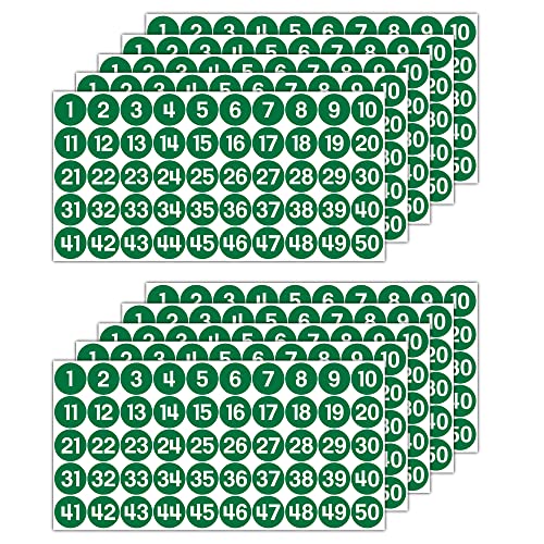 GamesMonkey® - Etiketten Nummern Aufkleber Kreise - Grün - von 1 bis 50 - (50-500 - 2500 Stück) (10-25 mm) Wasserdichtes Vinyl - Aufeinanderfolgende Inventare (25 mm - 2,5 cm, 500 Stück - 10 Blätter) von GamesMonkey