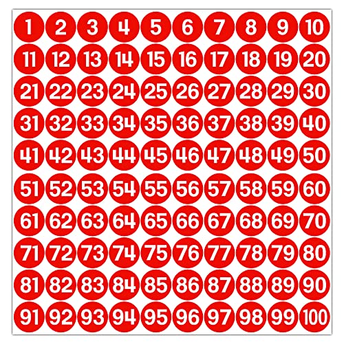 GamesMonkey® - Etiketten Nummern Aufkleber Kreise - Rot - von 1 bis 100 - (100-500 - 2500 Stück) (10-25 mm) Wasserfestes Vinyl - Aufeinanderfolgende Inventare (10 mm - 1,0 cm, 100 Stück - 1 Blatt) von GamesMonkey