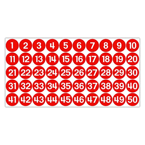 GamesMonkey® - Etiketten Nummern Aufkleber Kreise - Rot - von 1 bis 50 - (50-500 - 2500 Stück) (10-25 mm) Wasserdichtes Vinyl - Aufeinanderfolgende Inventare (25 mm - 2,5 cm, 50 Stück - 1 Blatt) von GamesMonkey