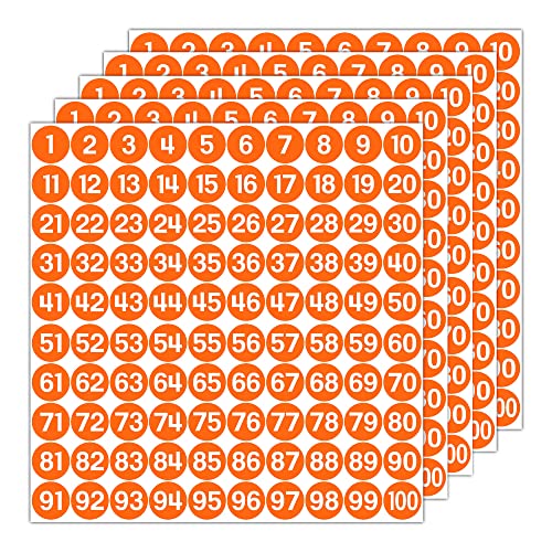 GamesMonkey® - Etiketten Zahlen Aufkleber Kreise - Orange - von 1 bis 100 - (100-500 - 2500 Stück) (10-25 mm) Vinyl - Aufeinanderfolgende Inventare (25 mm - 2,5 cm, 500 Stück - 5 Blätter) von GamesMonkey