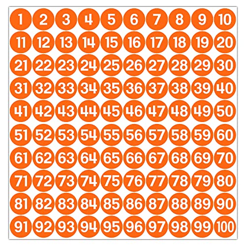 GamesMonkey® - Etiketten Zahlen Aufkleber Kreise - Orange - von 1 bis 100 - (100-500 - 2500 Stück) (10-25 mm) Wasserfestes Vinyl - Aufeinanderfolgende Inventare (25 mm - 2,5 cm, 100 Stück - 1 Blatt) von GamesMonkey
