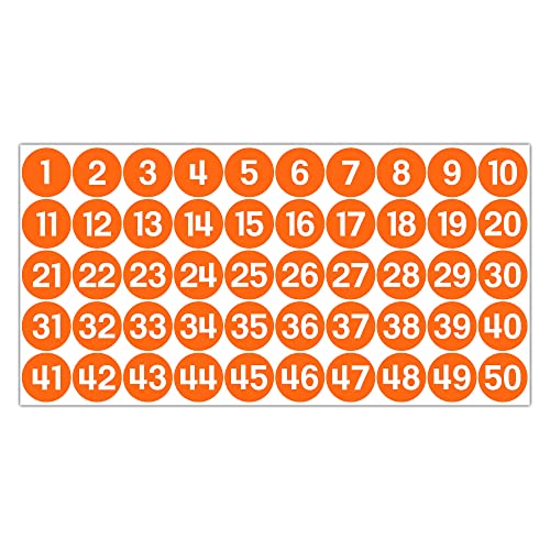 GamesMonkey® - Etiketten Zahlen Aufkleber Kreise - Orange - von 1 bis 50 - (50-500 - 2500 Stück) (10-25 mm) Glänzendes Vinyl - Fortlaufende Bestandsaufnahme (10 mm - 1,0 cm, 50 Stück - 1 Blatt) von GamesMonkey