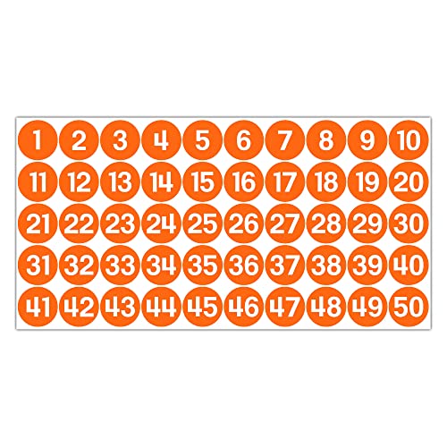 GamesMonkey® - Etiketten Zahlen Aufkleber Kreise - Orange - von 1 bis 50 - (50-500 - 2500 Stück) (10-25 mm) Glänzendes Vinyl - Fortlaufende Bestandsaufnahme (25 mm - 2,5 cm, 50 Stück - 1 Blatt) von GamesMonkey