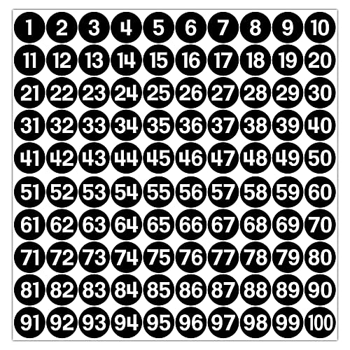 GamesMonkey® - Etiketten Zahlen Aufkleber Kreise - Schwarz - von 1 bis 100 - (100-500 - 2500 Stück) (10-25 mm) Wasserdichtes Vinyl - Fortlaufende Inventare (10 mm - 1,0 cm, 100 Stück - 1 Blatt) von GamesMonkey