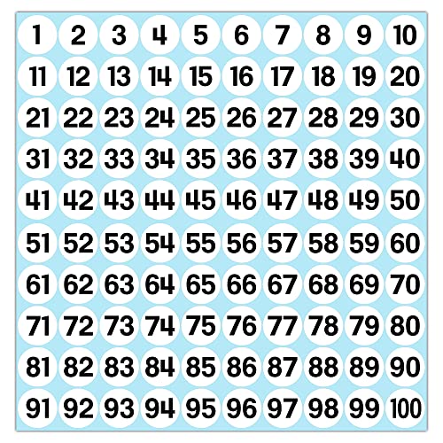 GamesMonkey® - Etiketten Zahlen Aufkleber Kreise - Weiß - von 1 bis 100 - (100-500 - 2500 Stück) (10-25 mm) Wasserdichtes Vinyl - Aufeinanderfolgende Inventare (10 mm - 1,0 cm, 100 Stück - 1 Blatt) von GamesMonkey