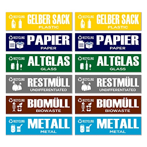 GamesMonkey® - Set of 6 Rubbish bin stickers - Recycling Wastemülleimer Aufkleber - DE - v2 - Organic Waste, Yellow Bag, Waste Paper, Residual Waste, Waste Glass Wheelie (15x4 cm, 12 Stücke) von GamesMonkey