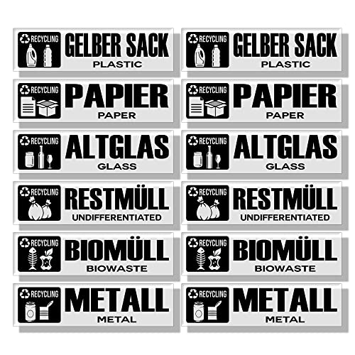 GamesMonkey® - Set of 6 Rubbish bin stickers - Recycling Wastemülleimer Aufkleber - DE - v5 - TRANSPARENT - Organic Waste, Yellow Bag, Waste Paper, Residual Waste, Glass Wheelie (15x4 cm, 12 Stücke) von GamesMonkey