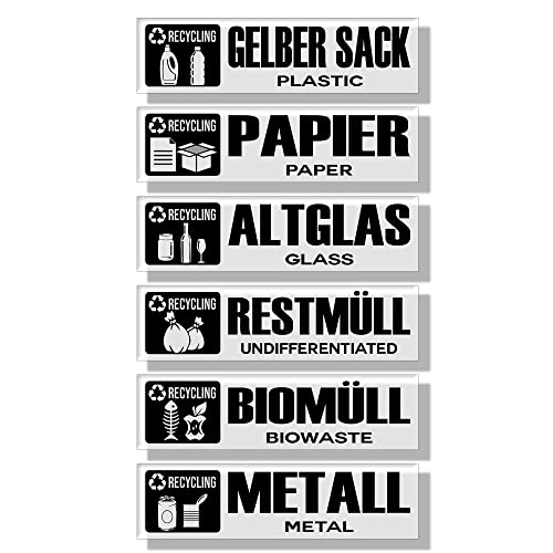 GamesMonkey® - Set of 6 Rubbish bin stickers - Recycling Wastemülleimer Aufkleber - DE - v5 - TRANSPARENT - Organic Waste, Yellow Bag, Waste Paper, Residual Waste, Glass Wheelie (15x4 cm, 6 Stücke) von GamesMonkey