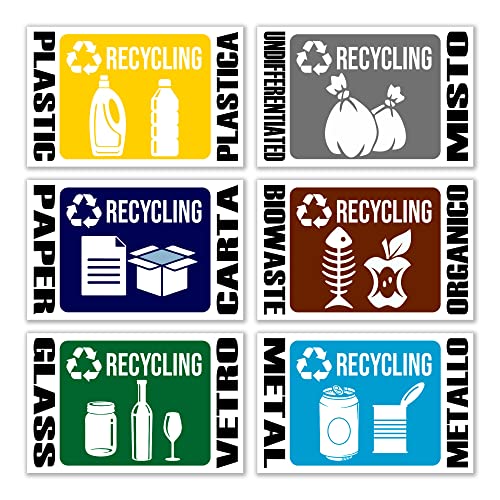 GamesMonkey® - Set of 6 Rubbish bin stickers - Recycling Wastemülleimer Aufkleber v1 Small - Organic Waste, Yellow Bag, Waste Paper, Residual Waste, Waste Glass Wheelie (8,5 x 5,5 cm, 6 Stücke) von GamesMonkey