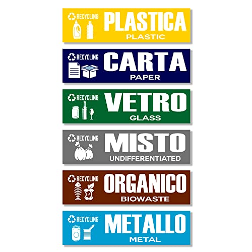 GamesMonkey® - Set of 6 Rubbish bin stickers - Recycling Wastemülleimer Aufkleber - v2 - Organic Waste, Yellow Bag, Waste Paper, Residual Waste, Waste Glass Wheelie (15x4 cm, 6 Stück) von GamesMonkey