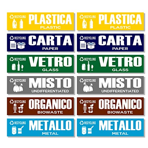 GamesMonkey® - Set of 6 Rubbish bin stickers - Recycling Wastemülleimer Aufkleber - v2 - Organic Waste, Yellow Bag, Waste Paper, Residual Waste, Waste Glass Wheelie (25x8 cm, 12 Stück) von GamesMonkey